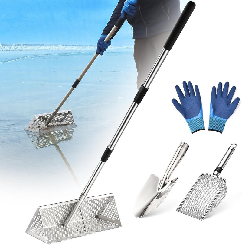 GADFISH Sand Flea Rake, Long Handle Sand Sifter for The Beach, Stainless Steel Shark Tooth Sifter Comes with A 16-Inch Wide Mesh Screen for Collecting Fleas, Shark Teeth, and Seashells - Image 1